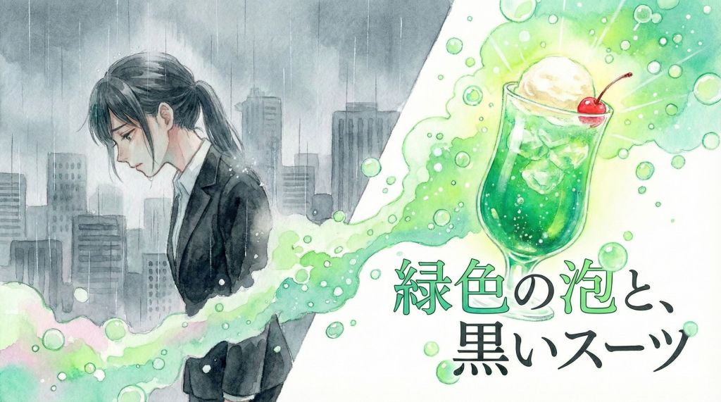 【短編小説】　緑色の泡と、黒いスーツのイラスト