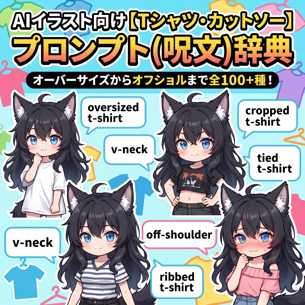 AIイラスト向け【Tシャツ・カットソー】プロンプト(呪文)辞典｜オーバーサイズからオフショルまで全100+種【日本語訳・解説付き】のイラスト