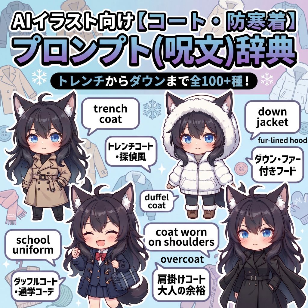 AIイラスト向け【コート・防寒着】重アウタープロンプト(呪文)辞典｜トレンチからダウンまで全100+種【日本語訳・解説付き】のイラスト