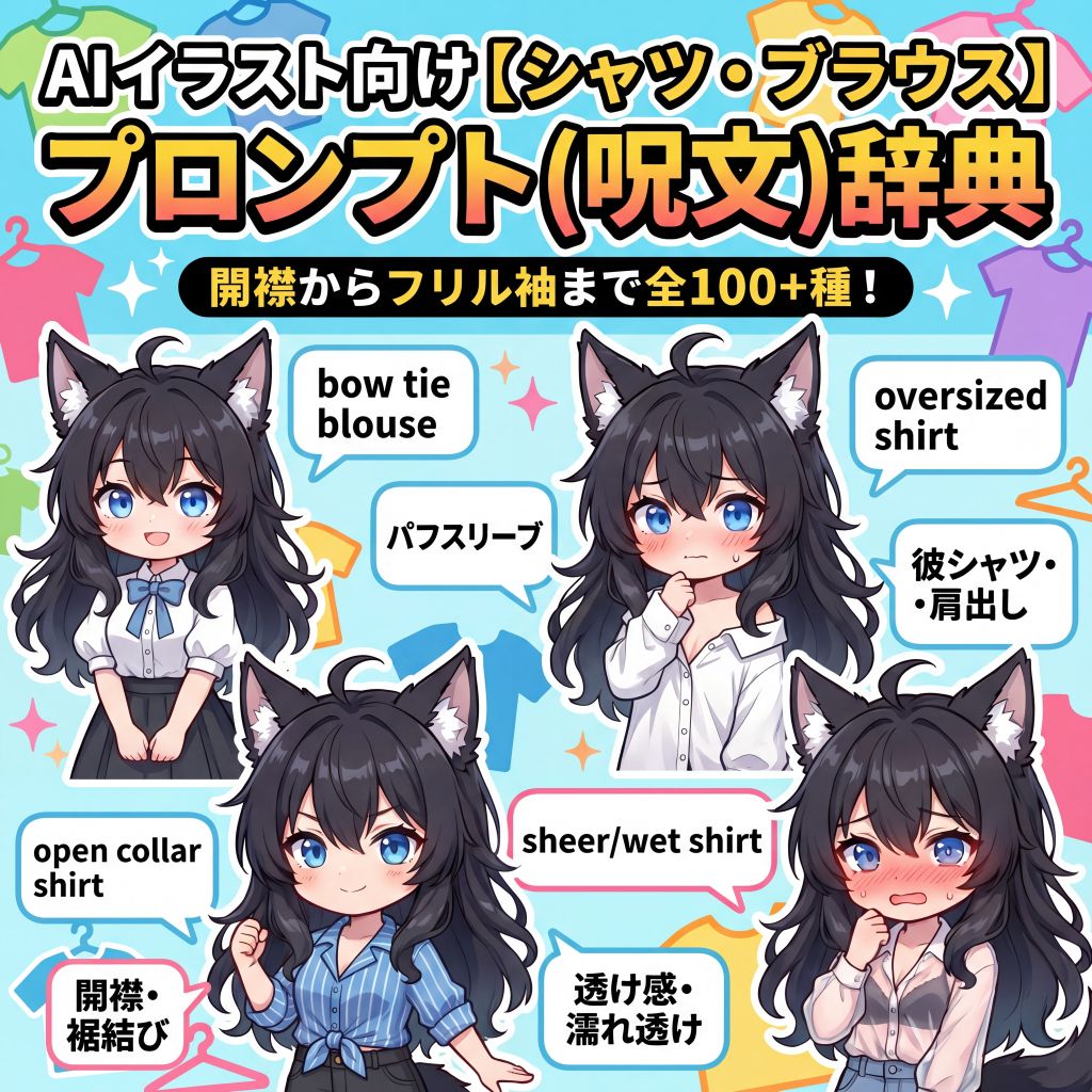 AIイラスト向け【シャツ・ブラウス】プロンプト(呪文)辞典｜開襟からフリル袖まで全100+種【日本語訳・解説付き】のイラスト