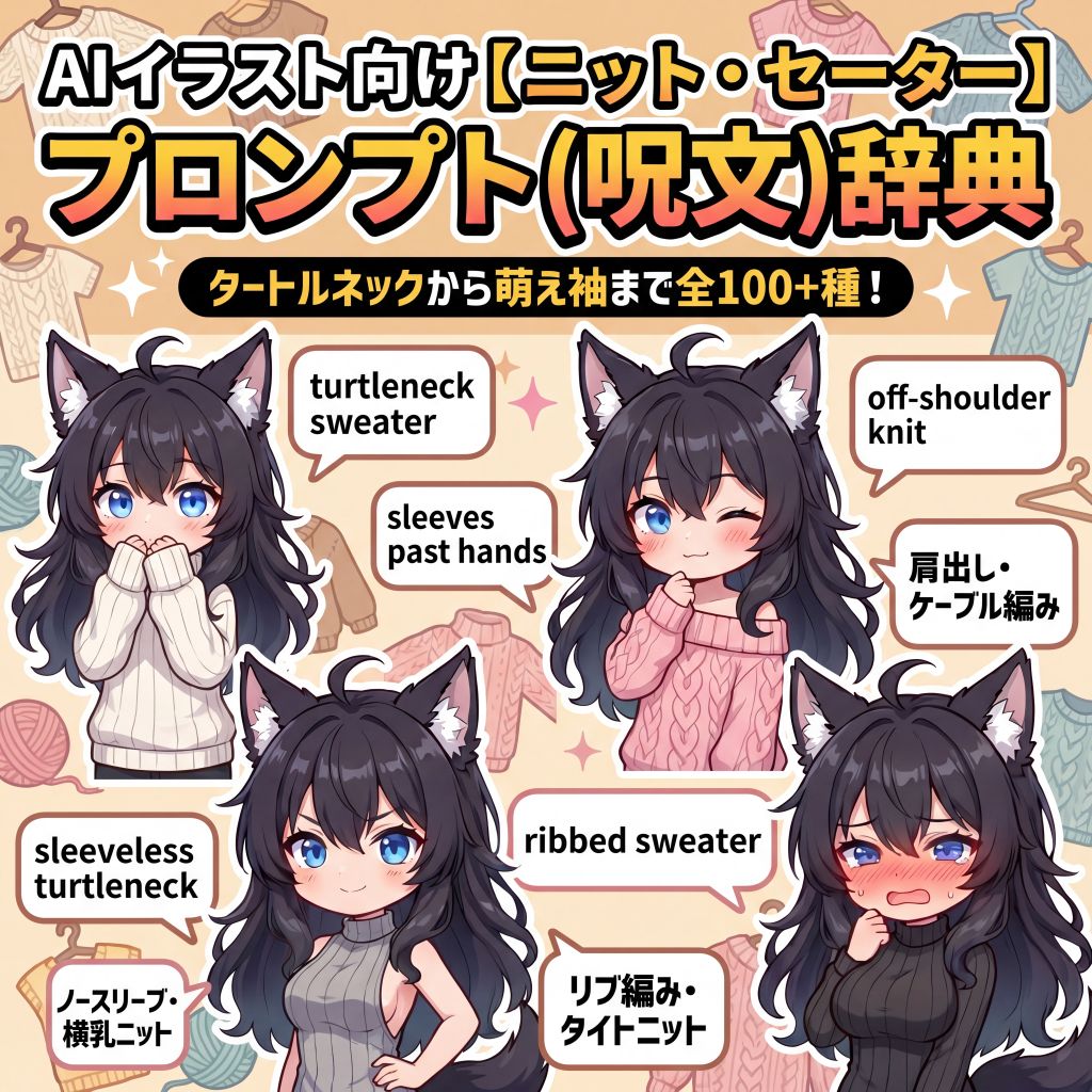 AIイラスト向け【ニット・セーター】プロンプト(呪文)辞典｜タートルネックから萌え袖まで全100+種【日本語訳・解説付き】のイラスト