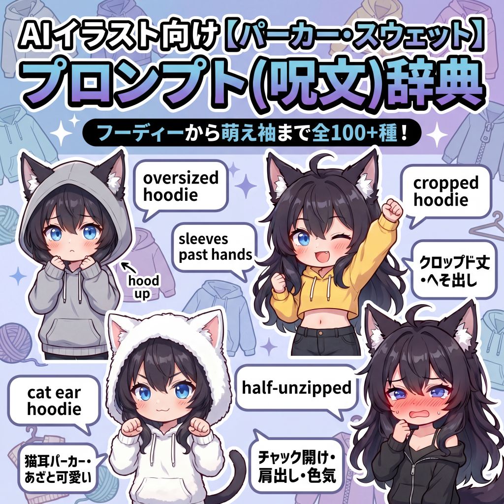 AIイラスト向け【パーカー・スウェット】プロンプト(呪文)辞典｜フーディーから萌え袖まで全100+種【日本語訳・解説付き】のイラスト