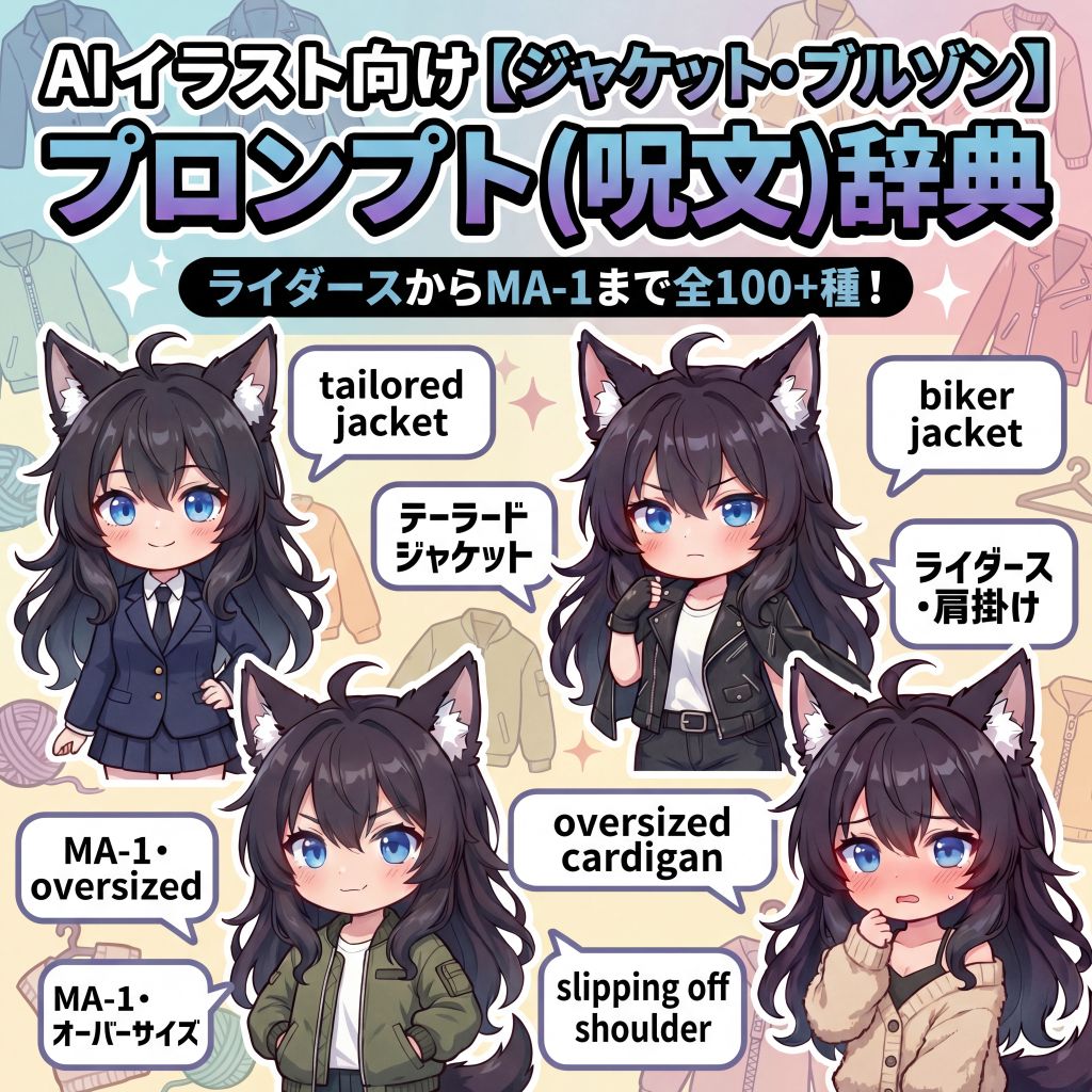 AIイラスト向け【ジャケット・ブルゾン】軽アウタープロンプト(呪文)辞典｜ライダースからMA-1まで全100+種【日本語訳・解説付き】のイラスト