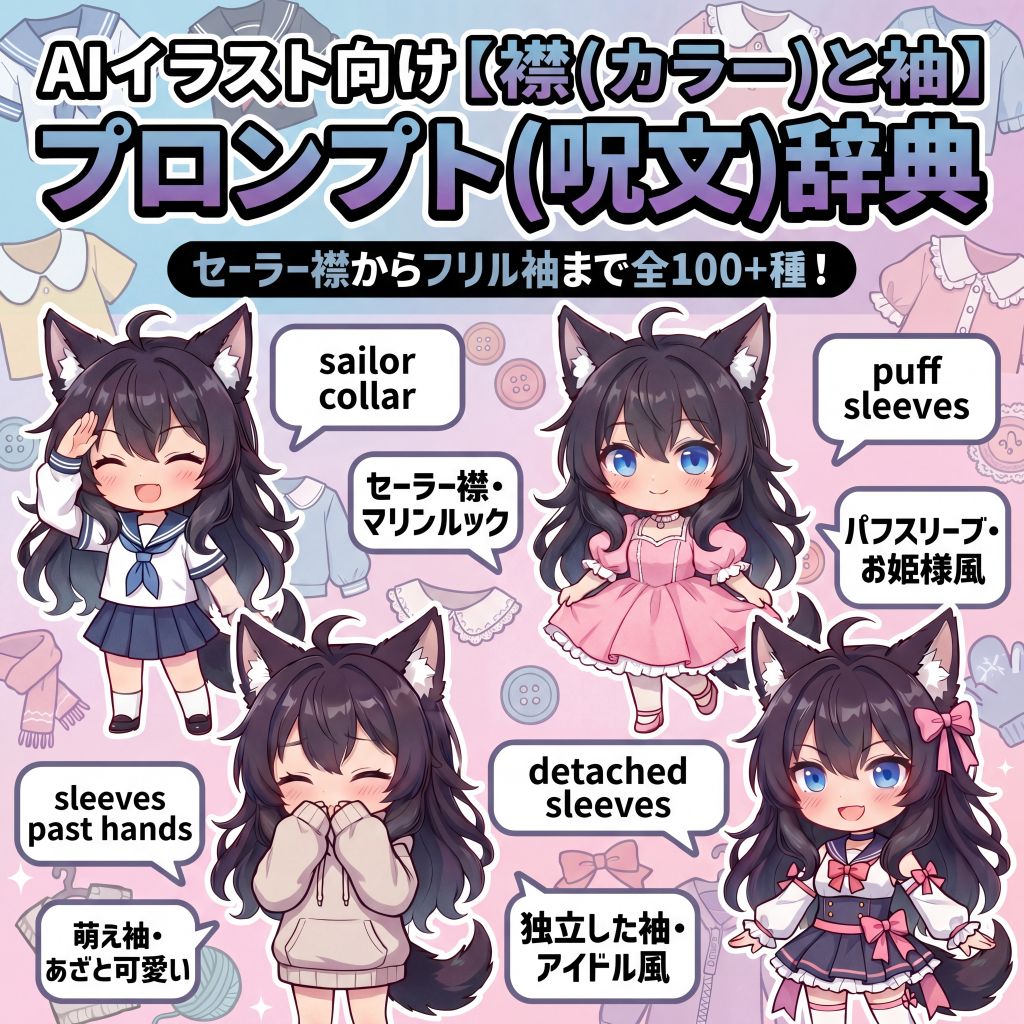 AIイラスト向け【襟(カラー)と袖】ディテールプロンプト(呪文)辞典｜セーラー襟からフリル袖まで全100+種【日本語訳・解説付き】のイラスト