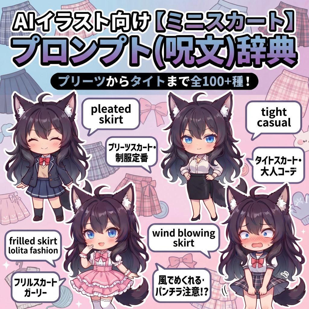AIイラスト向け【ミニスカート】プロンプト(呪文)辞典｜プリーツからタイトまで全100+種【日本語訳・解説付き】のイラスト