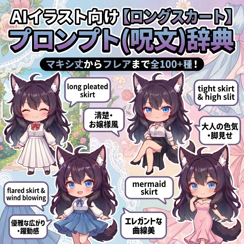 AIイラスト向け【ロングスカート】プロンプト(呪文)辞典｜マキシ丈からフレアまで全100+種【日本語訳・解説付き】のイラスト