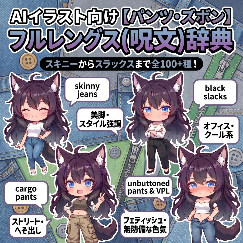 AIイラスト向け【パンツ・ズボン】フルレングスプロンプト(呪文)辞典｜スキニーからスラックスまで全100+種【日本語訳・解説付き】のイラスト
