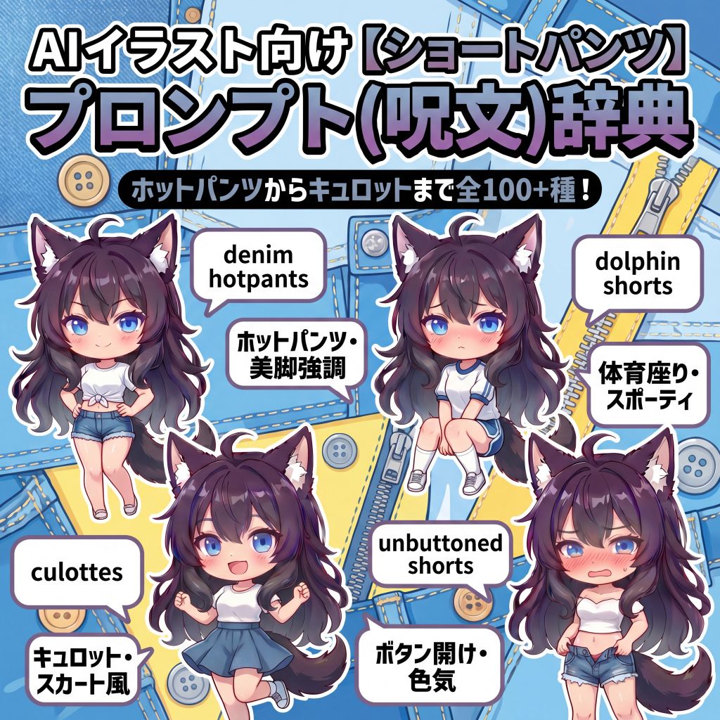 AIイラスト向け【ショートパンツ】プロンプト(呪文)辞典｜ホットパンツからキュロットまで全100+種【日本語訳・解説付き】のイラスト